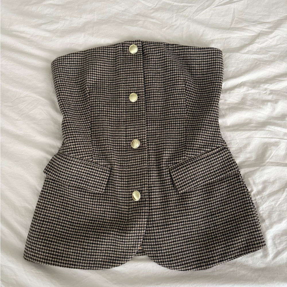Vici Houndstooth Strapless Top with Tan Accents